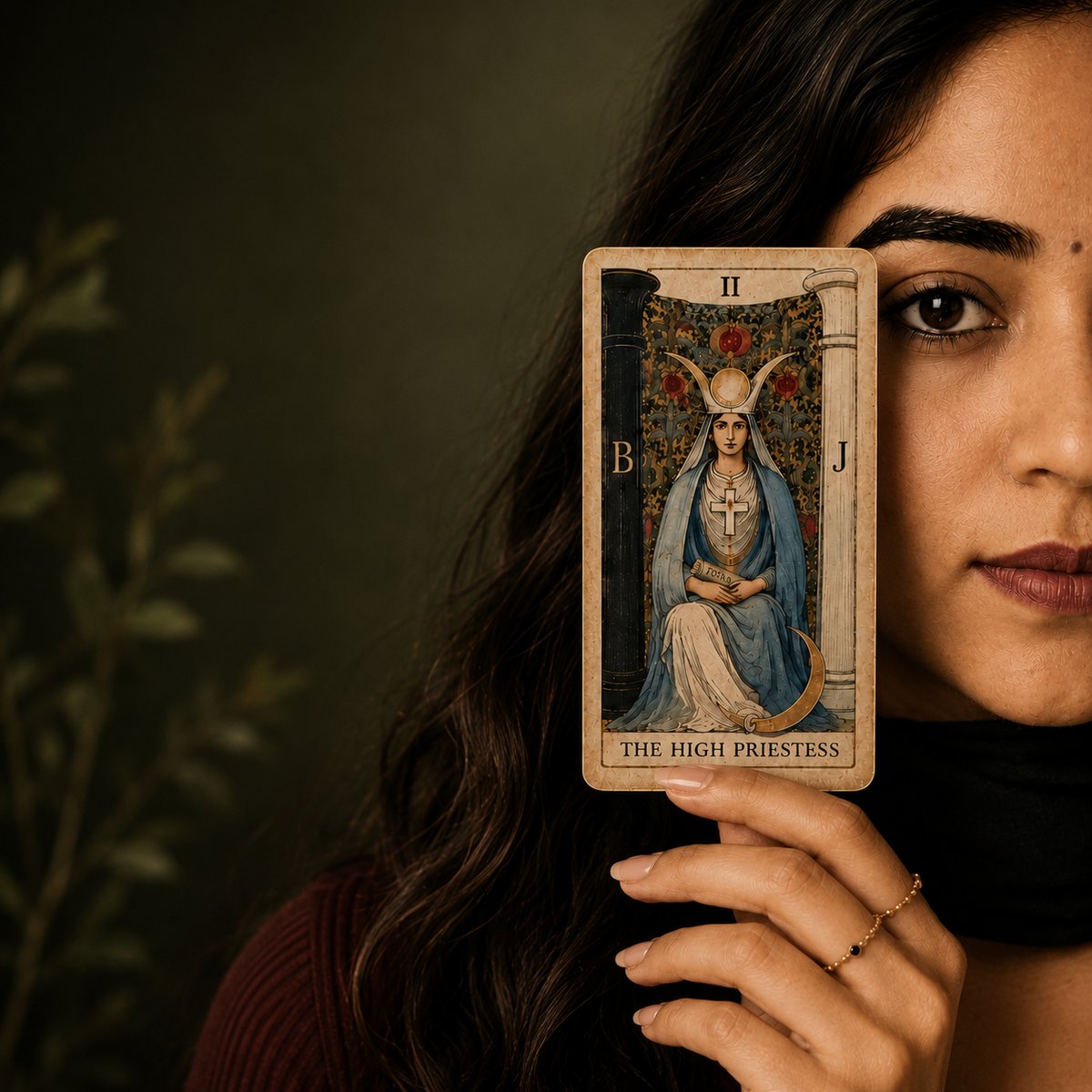 A woman holding The High Priestess tarot card in front of her face